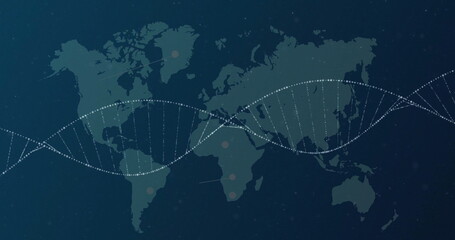 Image of dna strand over world map on black background