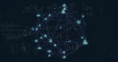 Image of mathematical data processing over globe with connections