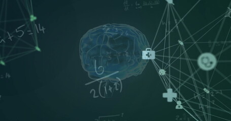 Image of mathematical data processing over human brain and globe with connections