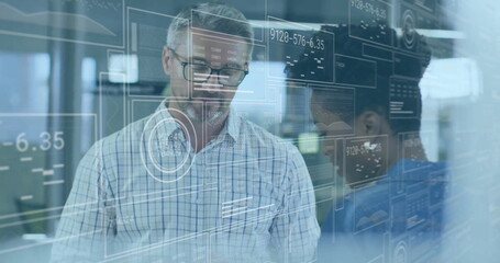 Image of data processing over diverse colleagues discussing work in office