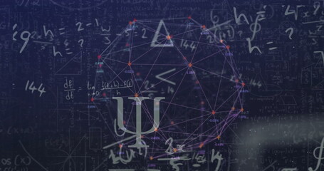 Image of mathematical data processing over globe with connections