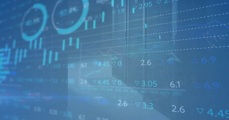 Image of financial data processing over blue background