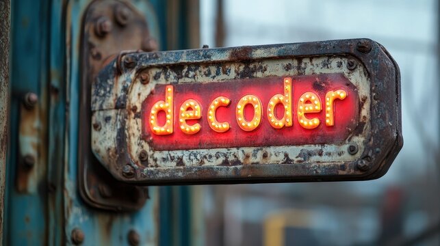 Close-up image of a vintage industrial-themed illuminated sign with the word "decoder" displayed in bright red and yellow lights, offering a nostalgic and retro visual appeal