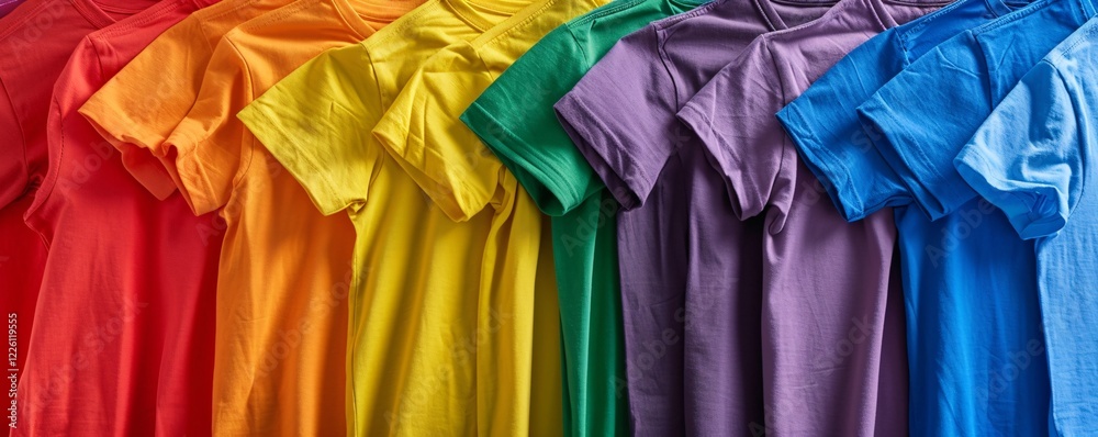 Poster Row of vibrant t-shirts creating a gradient from red to blue