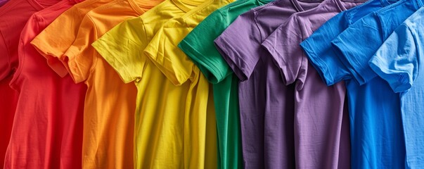 Row of vibrant t-shirts creating a gradient from red to blue