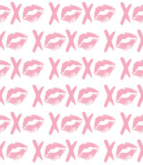 Vector seamless pattern of hand drawn sketch doodle pink xoxo lettering with lips imprint isolated on white background