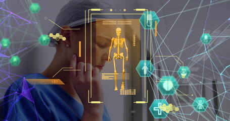Image of scanner processing skeleton and network of medical icons over caucasian female doctor