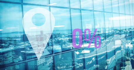 Image of location pin and data processing over cityscape