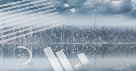 Image of financial data processing over cityscape