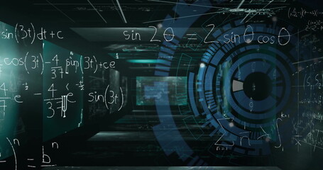 Image of mathematical equations and circular scanner over interface screens on dark background