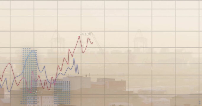 Image of financial data processing over cityscape