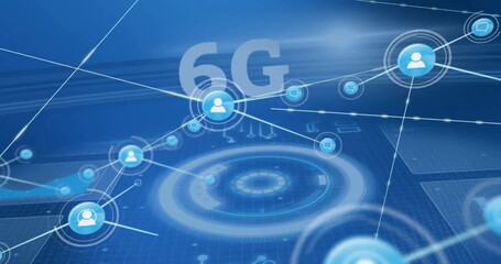 Image of 6g text, network of connections with icons over scope