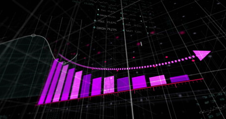 Image of statistics and financial data processing over black background