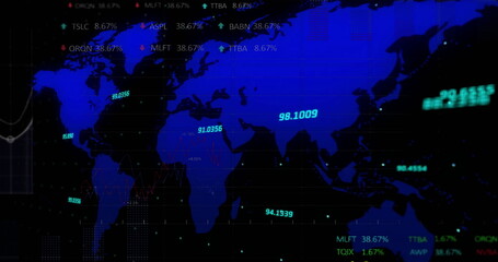 Obraz premium Image of statistics and financial data processing with world map over black background
