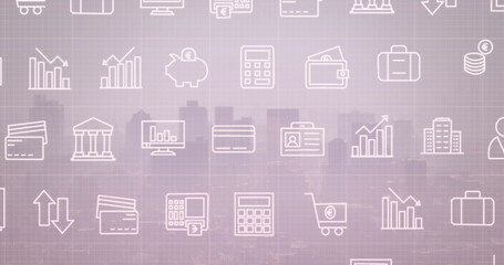 Image of business icons over cityscape