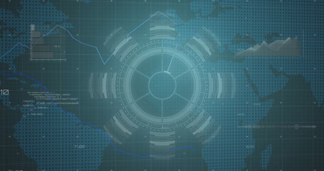 Image of data processing and scope scanning over world map on black background