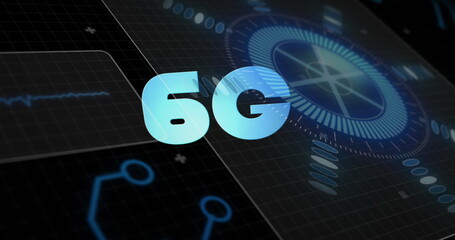 Obraz premium Image of 6g over scope scanning and data processing on black background