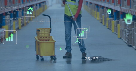Image of eco icons and data processing over caucasian woman working in warehouse