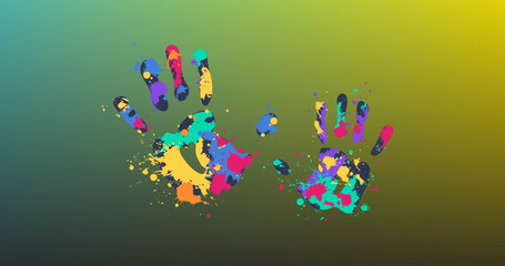 Image of colourful paint hand prints over soft green to yellow background