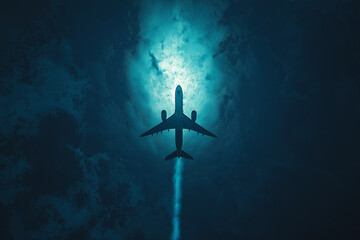 Naklejka premium Plane Soaring High Above, Cutting Through Deep Blue Skies