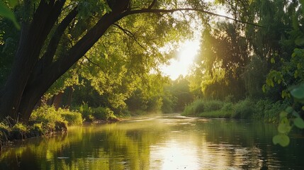 Fototapeta premium Golden sunlight filters through trees above a peaceful river at sunrise