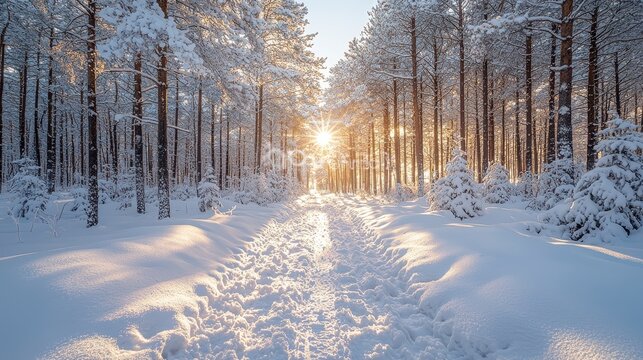 Snowy path sunset winter forest nature landscape