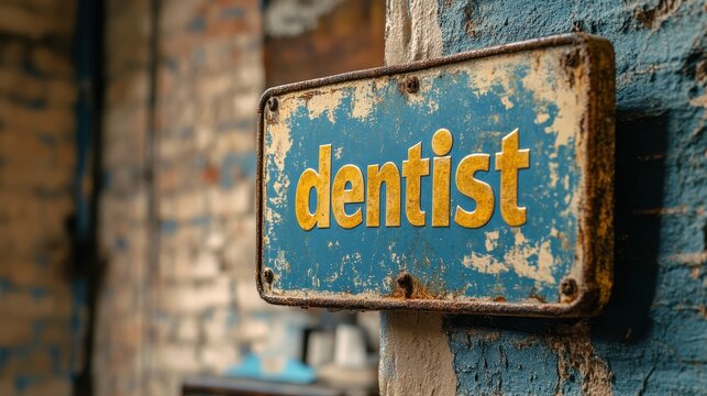 A Rusty Vintage Dentist Sign with Distressed Blue Background Hints at the Retro Essence of Dental Practices in Urban Settings
