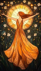 Ostara witchy cute stain glass style with happiness mood Elegant woman celebrating life in a vibrant dress. oracle card theme