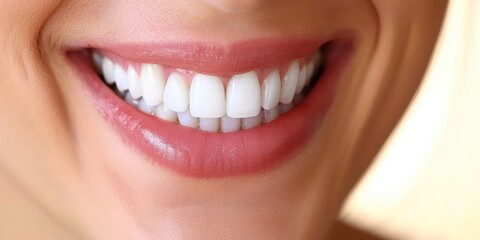 Naklejka premium Close-up of a Bright and Radiant Smile Showing Perfectly Aligned White Teeth and Rosy Lips Highlighting the Essence of Oral Hygiene and Dental Health