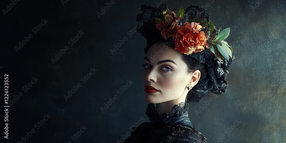 Wall mural A captivating portrait of a woman showcasing intricate hair accessories and vivid floral decorations set against a textured, moody background.