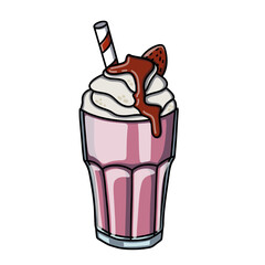 Strawberry frappe served with whipped cream, strawberry sauce and rolled wafers