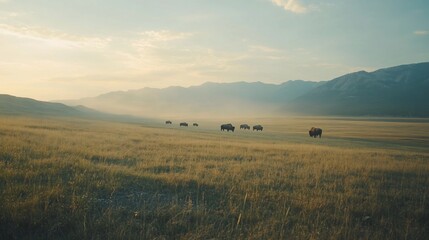 Obraz premium A herd of bison grazes peacefully in a vast, golden field under a hazy sky with distant mountains