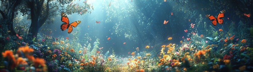 Fototapeta premium Fluttering butterflies dancing among vibrant wildflowers in a sunlit forest glade nature photography serene environment