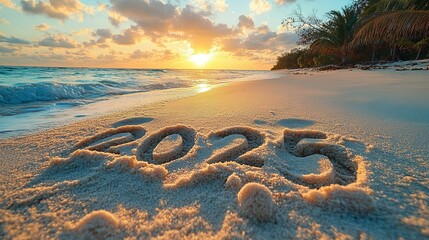 Tropical Beach Sunrise With Two Thousand Twenty Five Written In Sand