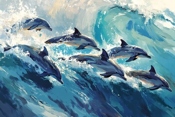 An artistic illustration capturing dolphins gracefully riding the ocean waves with a beautiful blend of colors, reflecting nature's elegance and freedom.