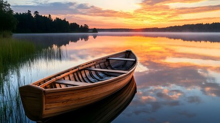 Obraz premium Lone Fisherman on Serene Wooden Boat at Sunrise on Glassy Lake