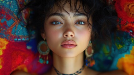 Fototapeta premium A captivating portrait of a person surrounded by vibrant, colorful textiles, showcasing exquisite earrings and a serene, thoughtful expression.
