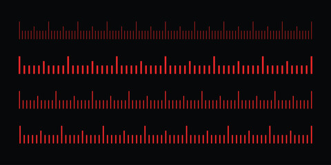 Red Markup for rulers in different scales isolated on black background. Measuring scale set. Ruler for comparing sizes of objects.