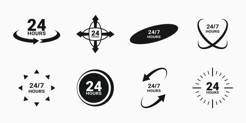 24 7 clock icon vector. day hour open customer support service. call center time assistance 247. online help. round week year sign. contact line design. isolated on white background