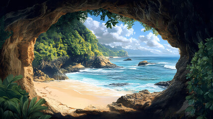 Fototapeta premium A rocky archway reveals a pristine beach and blue ocean waters, with lush greenery framing the scene. Ocean Archway. Illustration