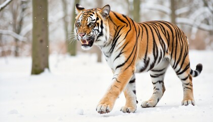 Obraz premium Majestic amur tiger walking confidently through a snowy forest landscape demonstrating strength and adaptability in a winter wonderland