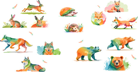 Naklejka premium Set of vector watercolor images of forest animals in orange, green, pink and blue shades. Fox, hare, bear, wolf and hedgehog