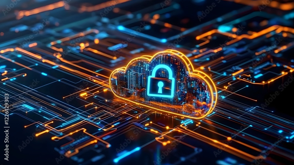 Poster A modern and captivating digital depicting a luminous cloud icon with a central padlock surrounded by vibrant orange and blue lighting effects intricate electronic circuits and dynamic data elements
