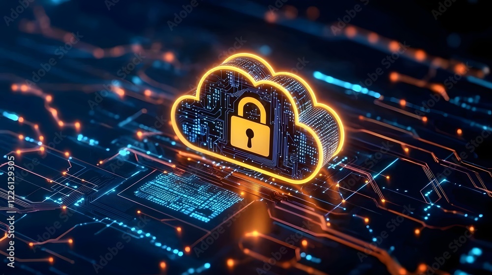 Poster High tech digital visualization featuring a glowing neon cloud and lock surrounded by detailed circuit board designs and streaming data lines