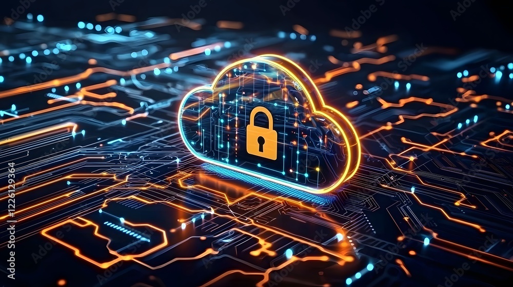 Poster Futuristic cloud security concept featuring a glowing cloud icon with a secure padlock in the center