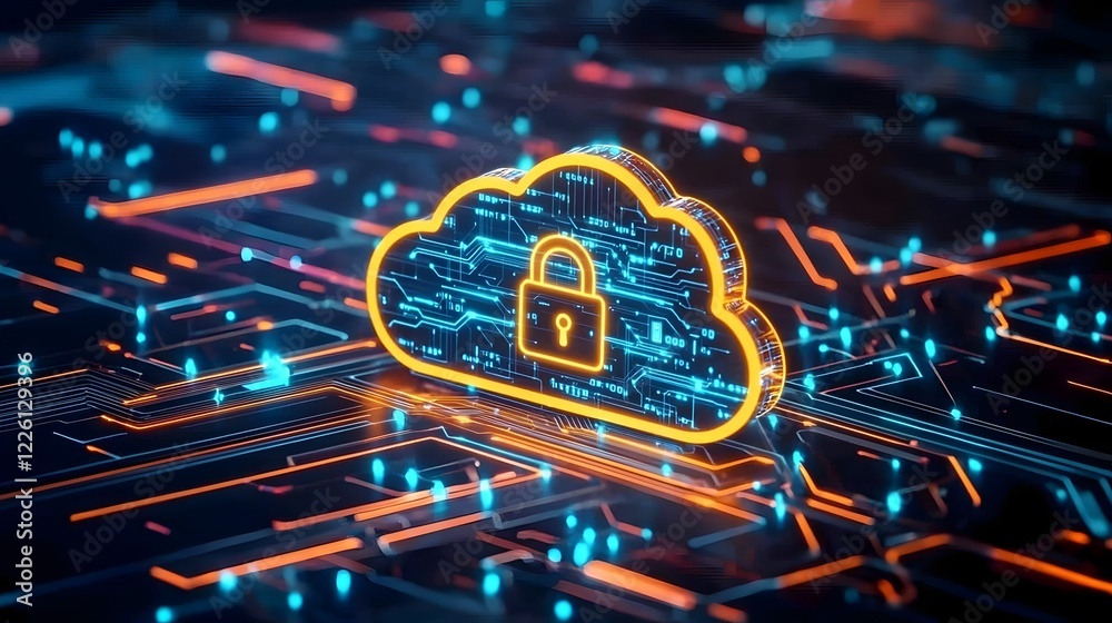 Poster Futuristic cloud security concept featuring a glowing cloud icon with a secure padlock in the center