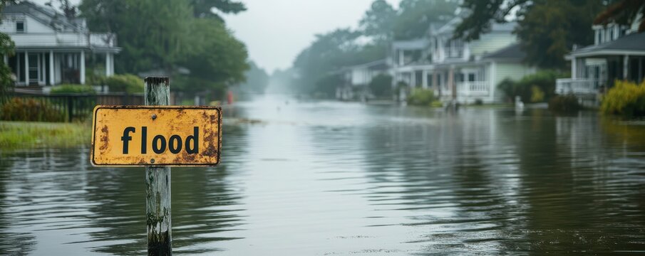 A flooded residential street with partially submerged homes under grey skies, highlighting the aftermath of severe weather affecting local communities and raising concerns about climate change