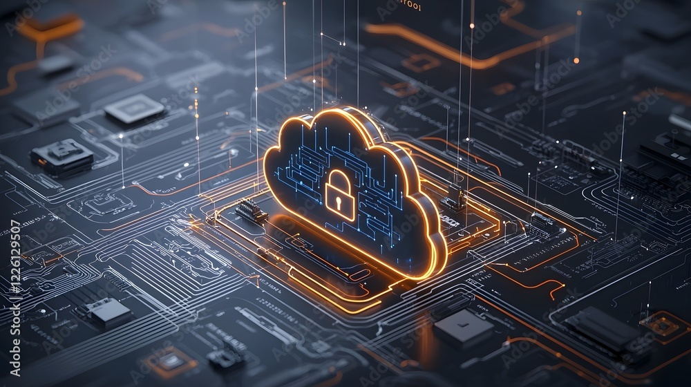 Leinwandbilder High Tech Cloud Security Representation with Luminous Neon Padlock and Complex Circuit Designs Emphasizing Advanced Cybersecurity on a Dark Futuristic Background