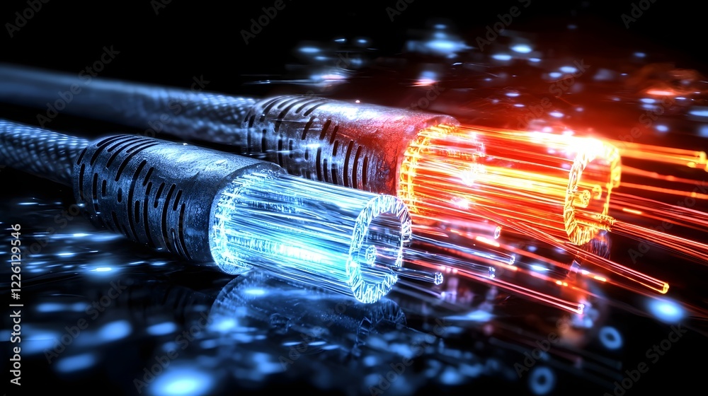 Fototapete Luminous fiber optic cables with dynamic light rays and smooth gradients highlighting cutting edge internet connectivity and data transfer solutions in a futuristic digital setting