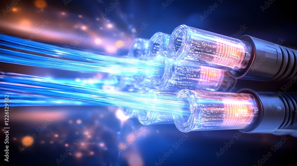Aufkleber of glowing fiber optic cables with dynamic blue and orange light streams symbolizing cutting edge hi